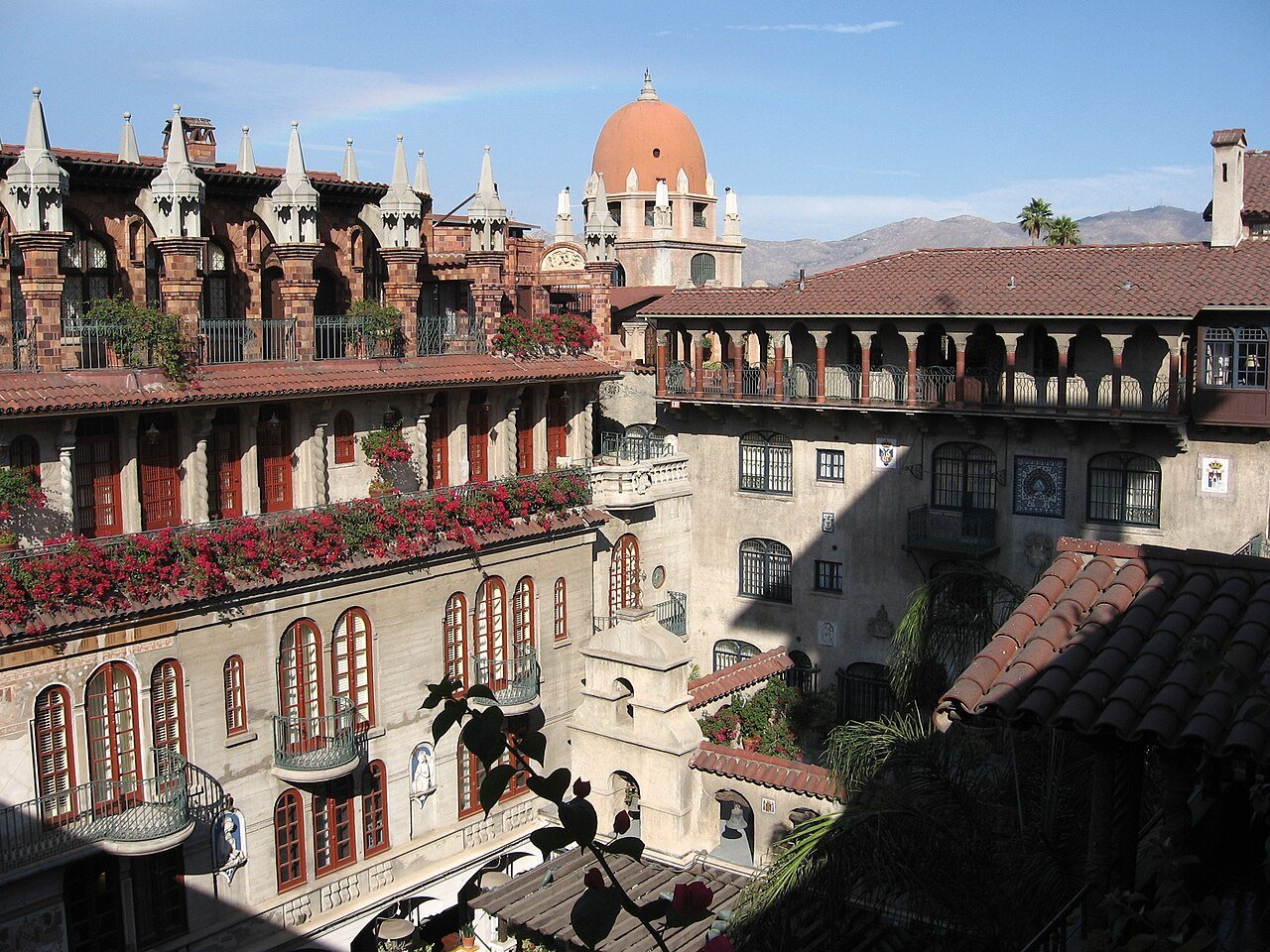 The historic Mission Inn Hotel in downtown Riverside California showing its Spanish-Moorish Revival architecture