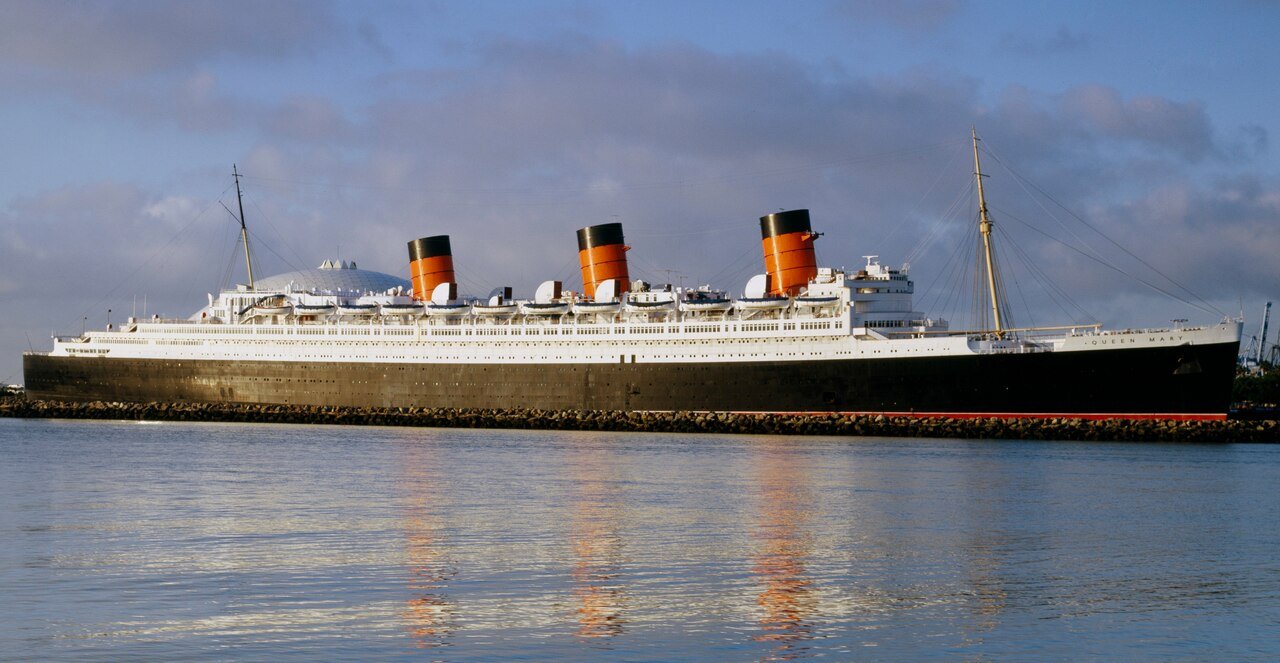 The historic RMS Queen Mary ocean liner docked in Long Beach California harbor